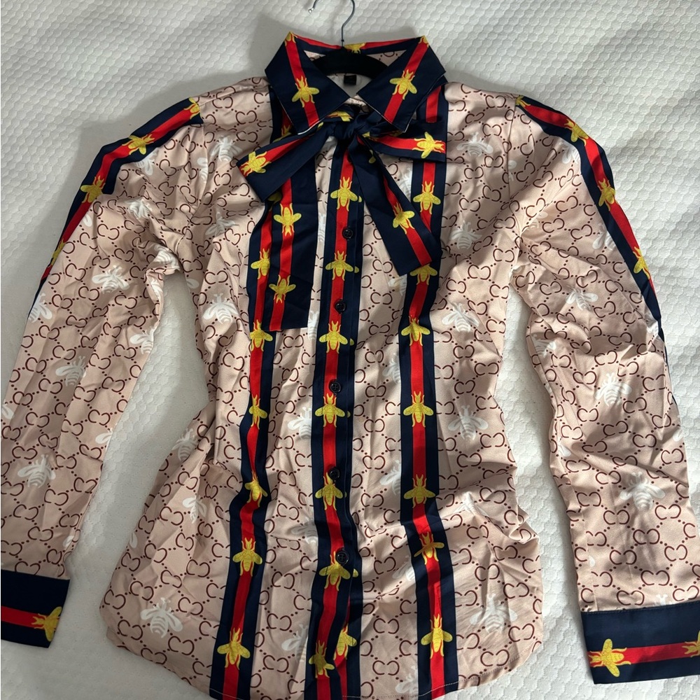 Designer-Inspired Blouse with Bow and Bee Print